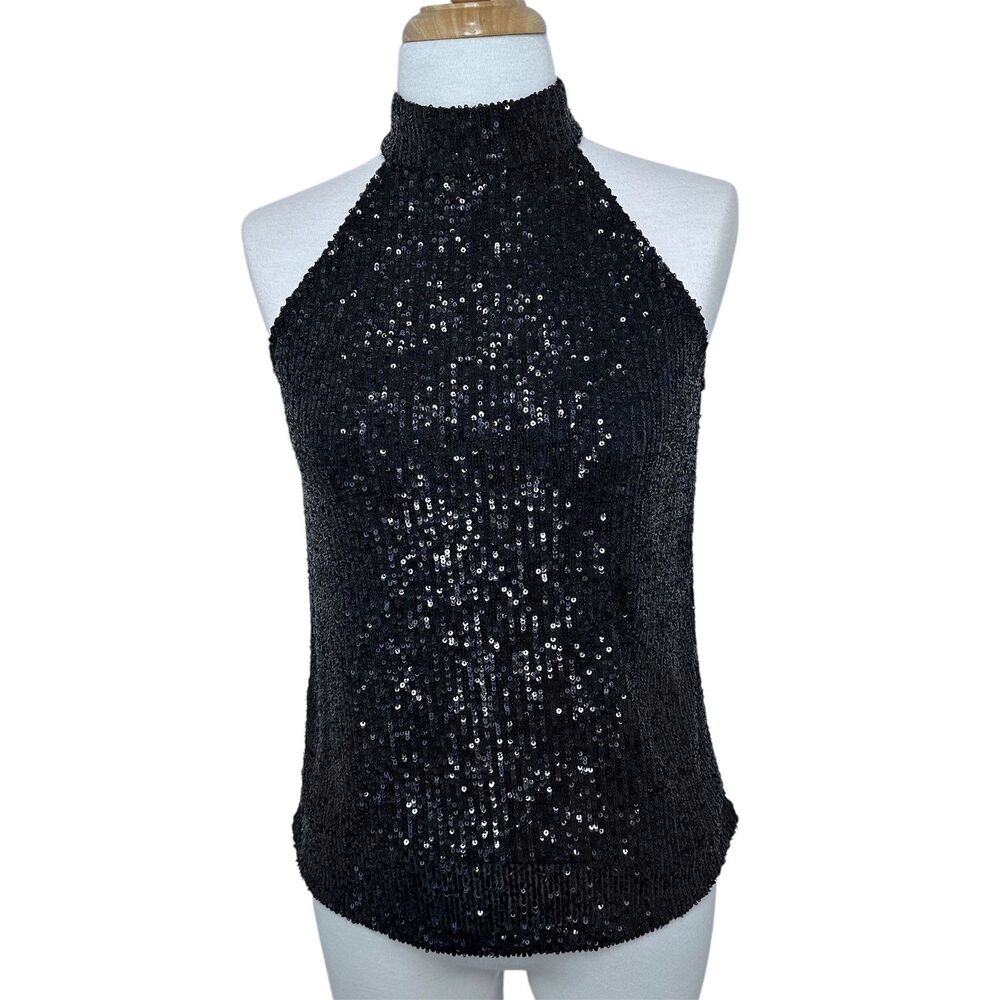 Christian Siriano Black Sequin Halter Tank Top XS-S Open Back Party Evening NY